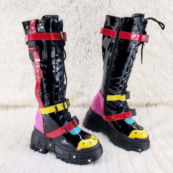 Anthony Wang Shoes - Space Cookies Hidden Wedge Platform Color Block Festival Punk Knee Boots